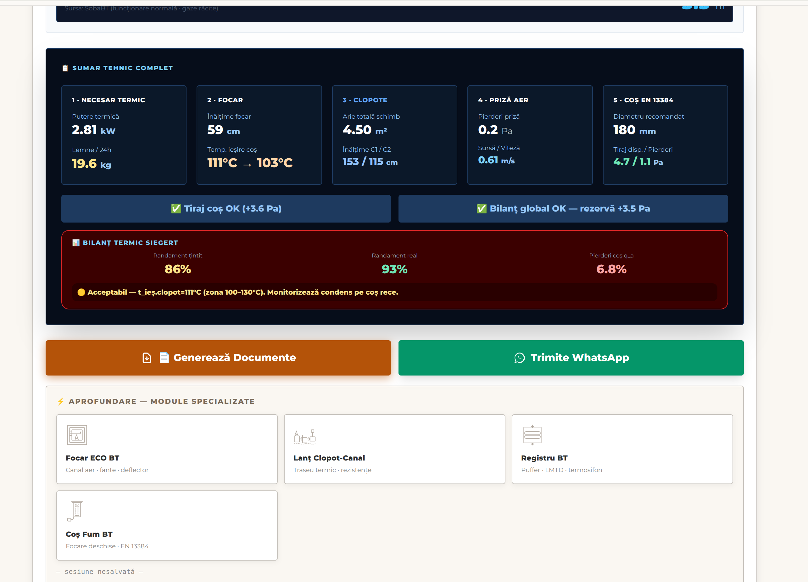 Sobă BT — sumar tehnic complet